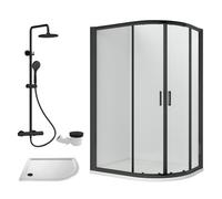 Balterley Offset Quadrant Shower Enclosure, Offset Quadrant Tray, Waste & Thermostatic Shower Kit, 6mm Toughened Safety Glass Door, Bar Handle Sliding Glass Door, Round Showerhead & Handset (Black)