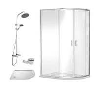 Balterley Offset Quadrant Shower Enclosure, Offset Quadrant Tray, Waste & Thermostatic Shower Kit, 6mm Toughened Safety Glass Door, Bar Handle Sliding Glass Door, Round Showerhead & Handset (Chrome)