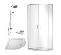Ruwa Shower Enclosure Bundle with Quadrant Enclosure, Tray, Round Shower Kit & Waste - White/Chrome - 800mm - Balterley