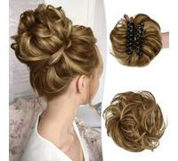 RUWISS Claw Clip in Messy Bun Hair Piece 100% Human Hair Buns Wavy Curly Chignon Hair Bun Extension Real Human Hair Scrunchie with Clip for Women（Chocolate Brown with Light Golden Blonde Highlights）