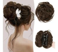 RUWISS Claw Clip in Messy Bun Hair Piece 100% Human Hair Buns Wavy Curly Chignon Hair Bun Extension Tousled Updo Hair Bun Real Human Hair Scrunchie with Clip for Women（Medium Brown）