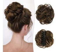 RUWISS Claw Clip in Messy Bun Hair Piece 100% Human Hair Buns Wavy Curly Chignon Hair Bun Extension Tousled Updo Hair Bun Real Human Hair Scrunchie with Clip for Women（Darkest Brown & Light Brown）