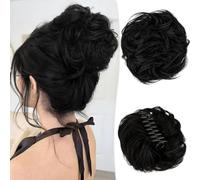 RUWISS Claw Clip in Messy Bun Hair Piece 100% Human Hair Buns Wavy Curly Chignon Hair Bun Extension Tousled Updo Hair Bun Real Human Hair Scrunchie with Clip for Women（Off Black）