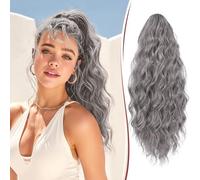 RUWISS Claw Clip Ponytail Extension, 20" Long Curly Wavy Afro Kinky Ponytail Synthetic Fake Pony Tail Hairpiece for Women, Black Mix Gray and Platinum Blonde Tips