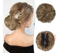 RUWISS Claw Clips in Messy Bun Hair Piece 100% Human Hair Buns Wavy Curly Chignon Hair Bun Extension Tousled Updo Hair Bun Real Human Hair Scrunchie with Clip for Women（Brown Mixed Light Blond）