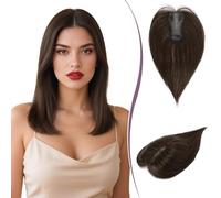 RUWISS Hair Toppers Real Hair for Women Dark Brown with 15% Dark Cocoa Blonde Hair Topper Lightweight Clip in Hairpiece for Women Straight Hair Topper without Fringe