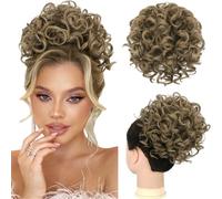 RUWISS Messy Bun Short Curly Drawstring Ponytail Extension Loose Hair Bun Hair Pieces for Women High Temperature Synthetic Hair Bun Extension 80g Ash Brown