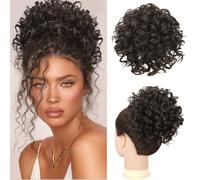 RUWISS Messy Bun Short Curly Drawstring Ponytail Extension Loose Hair Bun Hair Pieces for Women High Temperature Synthetic Hair Bun Extension 85g Black Brown