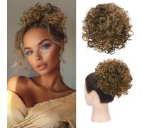 RUWISS Messy Bun Short Curly Drawstring Ponytail Extension Loose Hair Bun Hair Pieces for Women High Temperature Synthetic Hair Bun Extension 85g Brown Mixed Dark Blonde