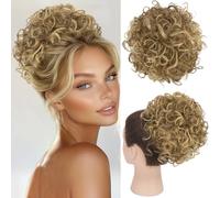 RUWISS Messy Bun Short Curly Drawstring Ponytail Extension Loose Hair Pieces for Women High Temperature Synthetic Hair 80g Light Ash Blonde Mixed Bleach Blonde