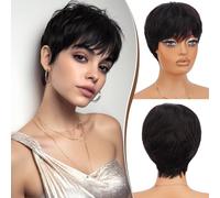 RUWISS Pixie Cut Wig Human Hair Short Wigs for Black Women Natural Glueless Pixie Wig with Bangs Layered Virgin Short Wigs for Women (1B#)