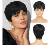 RUWISS Pixie Cut Wig Human Hair with Bangs Natural Short Black Wig Layered Wavy Different Style Short Wigs for Black Women (1B#)
