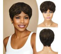 RUWISS Pixie Cut Wig Human Hair with Bangs Natural Short Black Wig Layered Wavy Different Style Short Wigs for Black Women (F2/30#)