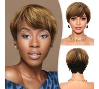 RUWISS Pixie Cut Wig Human Hair with Bangs Natural Short Blond Wig Layered Wavy Different Style Short Wigs for Black Women (1B/427#)