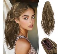 RUWISS Ponytail Extension, 18 Inch Wavy Claw Clip in Ponytail Hair Extensions Light Brown Mixed Blonde Long Synthetic Curly Ponytail Hairpieces for Women