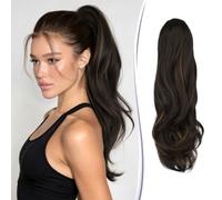 RUWISS Ponytail Hairpiece Drawstring 45 cm Natural Wavy Layered Ponytail Extension for Women Synthetic Dark Brown with Honey Blonde Highlights Ponytail Hair Extension for Everyday Use