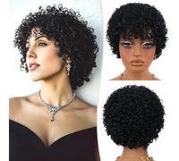 RUWISS Short Brazilian Kinky Curly Human Hair Wig Glueless Wear and Go Bob Wigs with Bangs for Women, Adjustable Cap (21.5"-23.5") Lightweight Wig Daily to Party Wear, Natural Black