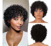RUWISS Short Kinky Curly Wig Human Hair 10 Inch Human Hair Bob Wigs with Bangs Wear and Go Glueless Short Wigs for Black Women Natural Black