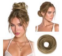 RUWISS Small Messy Bun Hair Piece Human Hair, One Hairpiece Two Styles Mini Natural Looking Scrunchies Updo for Daily, Hair Buns for Women Ponytail Extension (Brown with Warm Blonde Highlights)