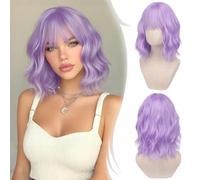 RUWISS Wavy Bob Wig with Bangs Short Wigs for Women Shoulder Length Synthetic Wig for Daily Party Cosplay, 14 Inch Light Purple