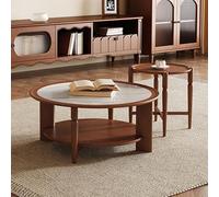 RUYICZB 2-Tier Large Coffee Tables for Living Room,Round Coffee Table with Storage,Solid Wood Nesting Center Table Set of 2,Circle Center Table with Rock Slabs Desktop for Small Spaces,walnut