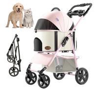 RUYICZB 3-In-1 Pet Stroller, Folding Lightweight Dog Stroller with Detachable Carrier Zipperless Entry, Cat Travel Stroller with Storage Basket Cup Holder for Medium Small Dogs Up To 33Lbs,Pink
