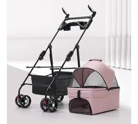 RUYICZB 4 Wheels Dog Cat Stroller,Dog Cage Jogger Stroller with Adjustable Handle and Sun Cover,Foldable Pet Stroller with Storage Basket for Small Dog,Pink (With tray)