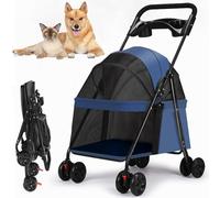 RUYICZB 4 Wheels Folding Dog Stroller, Easy-Fold Puppy Cage Cat Jogger Stroller Portable Pet Cart with Storage Basket And Cup Holder, Lightweight Pet Stroller for Small Medium Dogs Cats,Blue