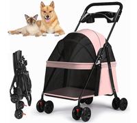 RUYICZB 4 Wheels Folding Dog Stroller, Easy-Fold Puppy Cage Cat Jogger Stroller Portable Pet Cart with Storage Basket And Cup Holder, Lightweight Pet Stroller for Small Medium Dogs Cats,Pink