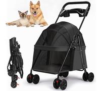 RUYICZB 4 Wheels Folding Dog Stroller, Easy-Fold Puppy Cage Cat Jogger Stroller Portable Pet Cart with Storage Basket And Cup Holder, Lightweight Pet Stroller for Small Medium Dogs Cats,Black