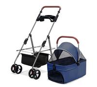 RUYICZB Cat Dog Cage Stroller,Easy-Fold Puppy Cage Jogger Stroller with Removable Carrier,Dog Stroller with Breathable and Visible Mesh and Sun Shades,Blue