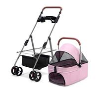 RUYICZB Cat Dog Cage Stroller,Easy-Fold Puppy Cage Jogger Stroller with Removable Carrier,Dog Stroller with Breathable and Visible Mesh and Sun Shades,Pink