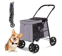 RUYICZB Dog Cage Jogger Stroller,One-Click Folding Design Pet Stroller with 4 Wheel and Breathable Mesh,Dog Stroller with Rear Storage Bag for Small Dog,Gray