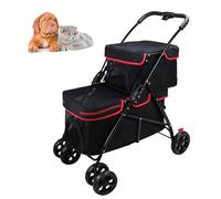 RUYICZB Double Pet Stroller for 2 Small Dogs Cats,Double 4 Wheel Dog Stroller with Safety Belts,Folding Portable Travel Stroller with Breathable Visible Mesh,Black