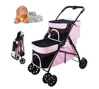 RUYICZB Double Pet Stroller for 2 Small Dogs Cats,Double 4 Wheel Dog Stroller with Safety Belts,Folding Portable Travel Stroller with Breathable Visible Mesh,Pink