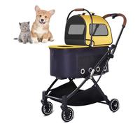 RUYICZB Foldable Double Pet Stroller,Portable Pet Travel Pushchair with Swivel Front Wheel,Breathable Cat Stroller with Storage Basket and Removable Pads,Yellow
