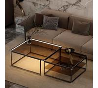 RUYICZB Glass Coffee Table Set of 2,Modern Nesting Coffee Table for Living Room,Square Center Tables with Metel Frame,Living Room Coffee Tables for Bedroom Small Spaces,Brown