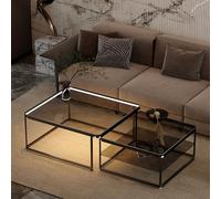 RUYICZB Glass Coffee Table Set of 2,Modern Nesting Coffee Table for Living Room,Square Center Tables with Metel Frame,Living Room Coffee Tables for Bedroom Small Spaces,Gray