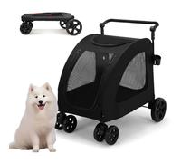 RUYICZB Large Dog Stroller,Foldable 4 Wheel Pet Stroller with Mesh Ventilation Windows and Adjustable Handle,Pet Stroller with Dual Entry for Medium Large Dog,Black
