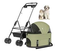 RUYICZB Lightweight Breathable Pet Travel Stroller,Portable Cat Puppy Jogging Stroller with Storage Basket and Cup Holder,Pet Stroller 3-in-1 for Small Pets,Green