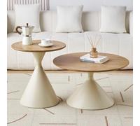 RUYICZB Modern Nesting Center Tables,Round Nesting Coffee Table Set of 2,Wooden Tabletop Coffee Tables with Metal Base,Circle Center Cocktail Table for Living Room Balcony,Natural