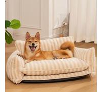 RUYICZB Pet Couch Bed, Trendy Striped Faux Lambswool Double Layer Dog & Cat Sofa Bed, Fluffy Cat Couch with Non-Slip Bottom, Cute Small Cat Medium Dog Bed for Indoor,Beige,65x40x30cm