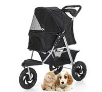 RUYICZB Pet Dog Pram Stroller 3 Large Wheels,Foldable Dog Travel Stroller with Storage Basket,Puppy Travel Stroller with Mesh Canopy and Cup Holders,Black