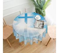 Ruzkeo Christian Cross Jesus Round Table Cloth Waterproof Tablecloth Polyester Fabric Waterproof Stain-Resistant Table Cloth For Kitchen Party Picnic Indoor Outdoor Use For Circular Table 150cm