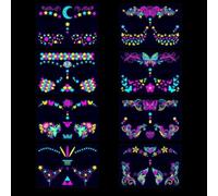 RV 8-Sheet UV Neon Face Tattoo Sticker Temporary Tattoos, Glow in the Dark Face Tattoos, Butterfly Mermaid Fluorescence Fake Tattoo Stickers for Halloween Rave Festival Party Supplies