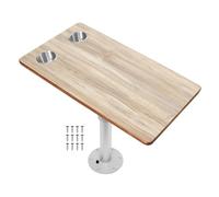 RV Adjustable Table with Tabletop, 31.5 x 15.8 Inch, 2 Stainless Steel Cup Holders, Height Adjustable Aluminum Pedestal Leg, Heavy Duty Dining Table for Camper Van, Motorhome, Boat, Yacht (Silver)