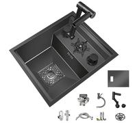 RV Bar Kitchen Hidden Stainless Steel Sink with Cover, Lifting Faucet, Siphon - Balcony Studio Outdoor Vegetable and Hand Washing Basin