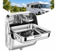 RV Caravan Sink Stainless Steel Folding Hand Wash Basin, Collapsible Wall Mounted Sink with Cold Water Faucet, Space Saving Sink for Camper, Boat, Van and Bar
