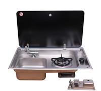 RV Gas Stove and Sink Combo Stainless Steel Single Burner Cooktop Built in Kitchen Unit with Tempered Glass Cover Foldable Faucet Compact Kitchen for Camper Van Boat RV (Silver)
