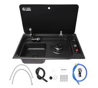 RV Gas Stove and Sink Combo Stainless Steel Single Burner Cooktop Built in Kitchen Unit with Tempered Glass Cover Foldable Faucet Compact Kitchen for Camper Van Boat RV (Black)